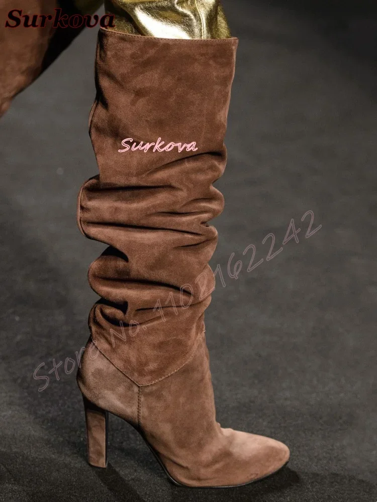 Women'S Fashion Knee High Boots - Retro geplooide instapper moderne laarzen ronde