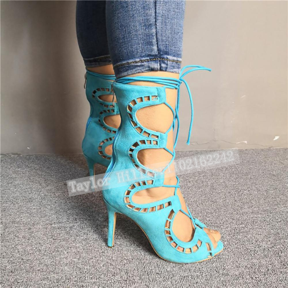 Women'S Fashion Leather Boots - Blauwe open teen sandalen met gekruiste