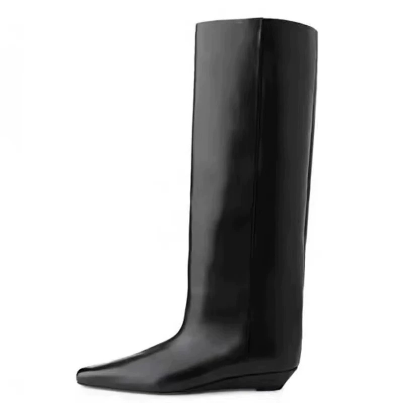 Women'S Fashion Leather Boots - Mode Dames Kniehoge Laarzen Puntschoen Wiggen