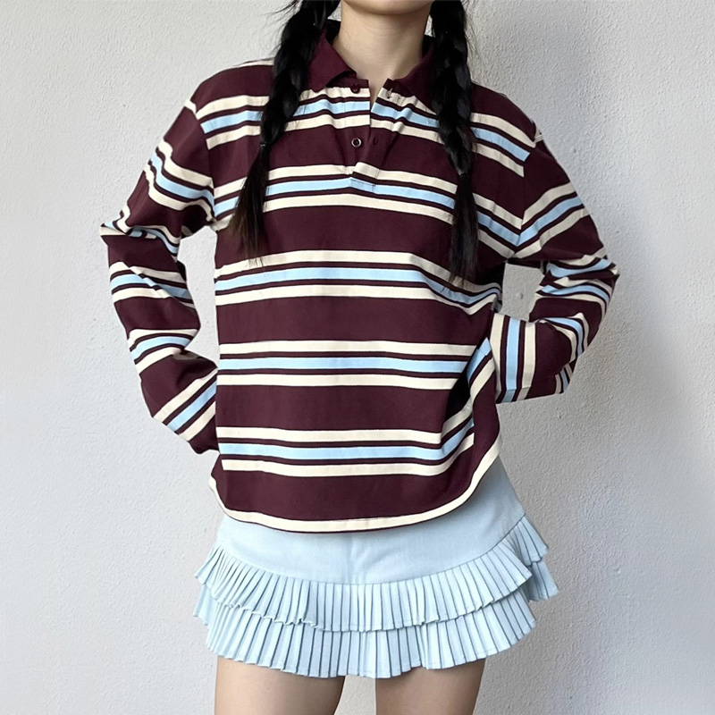 Women'S Fashion Rugby Top - Gestreept, ontspannen rugbypoloshirt voor dames, casual