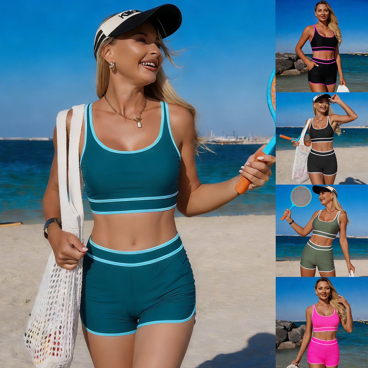 Crop Top Women - Olijfgroene bikini, mouwloos crop top, hoge