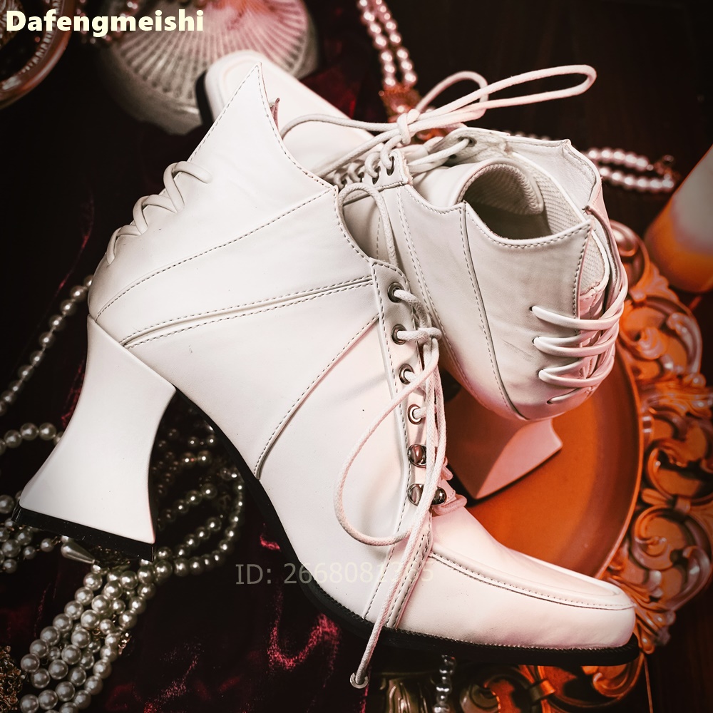 Women'S Fashion Leather Boots - Witte leren enkellaarzen met vierkante neus,