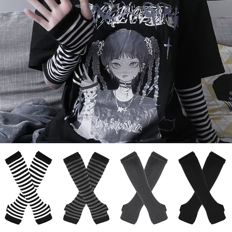 Women Fashion Gloves - Vrouwen Lange Mouw Gothic Gestreepte Vingerloze